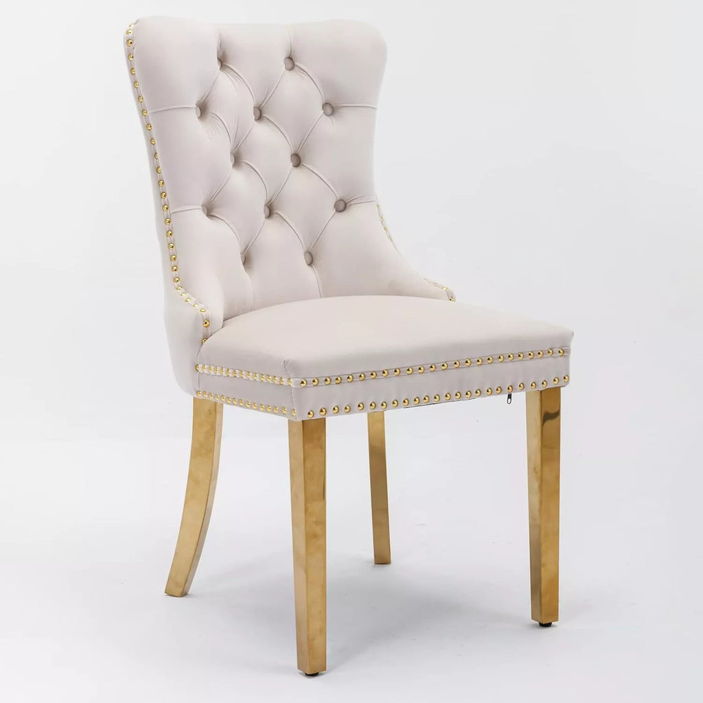 Velvet Dining Chairs Set of 2 – Gold Legs, Tufted Back, Pull Ring Design