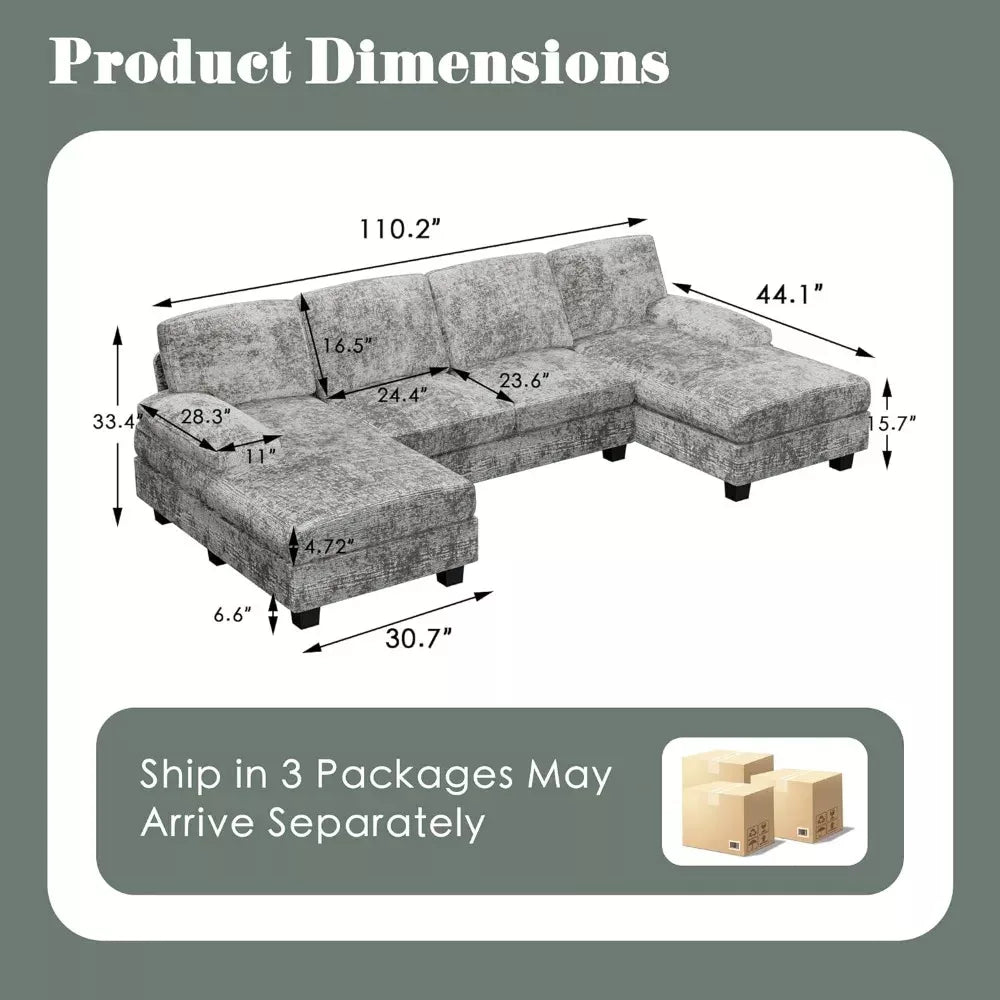 Modern U-Shaped Convertible Sectional Sofa with Double Chaise – 4-Seater Sofa Set - DSARD
