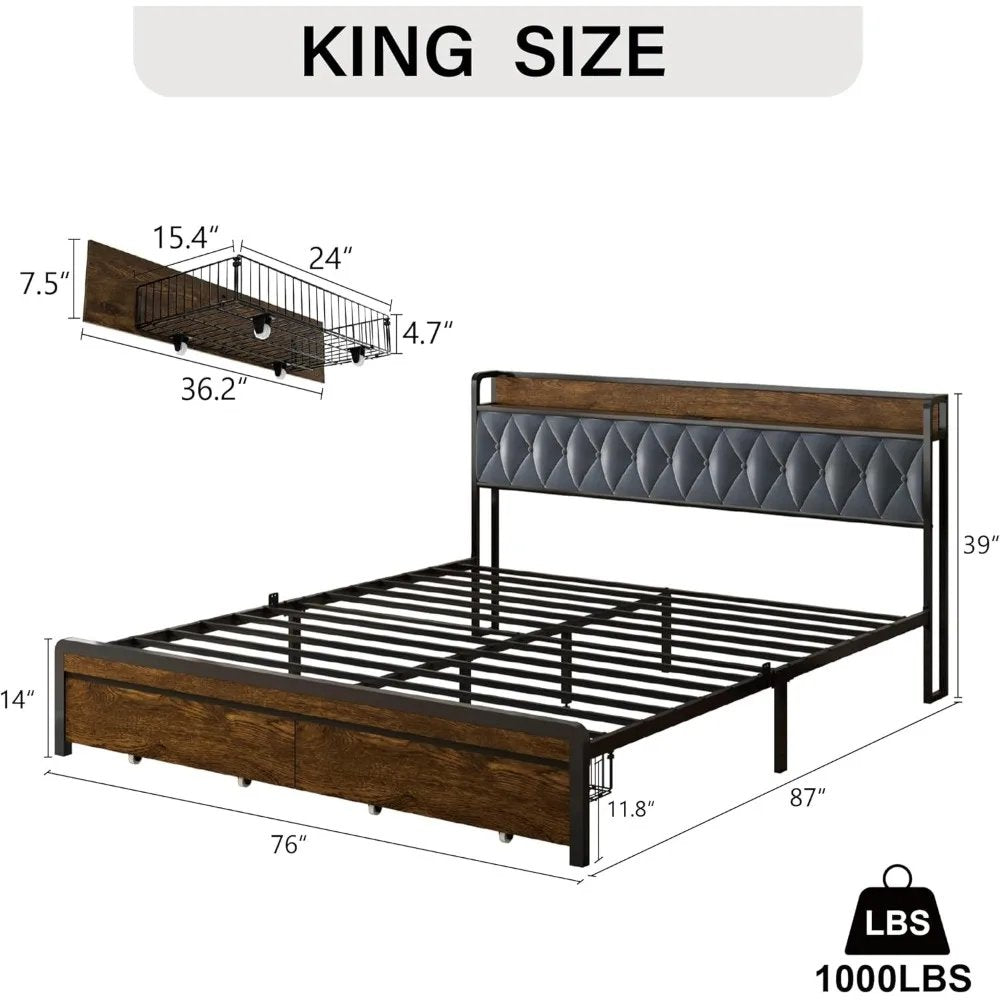 King Size Platform Bed Frame with Drawers, LED Lights & Charging Station - DSARD