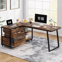 Industrial L-Shaped Computer Desk with Drawers and Shelves, 53 Inch Corner Desk - DSARD