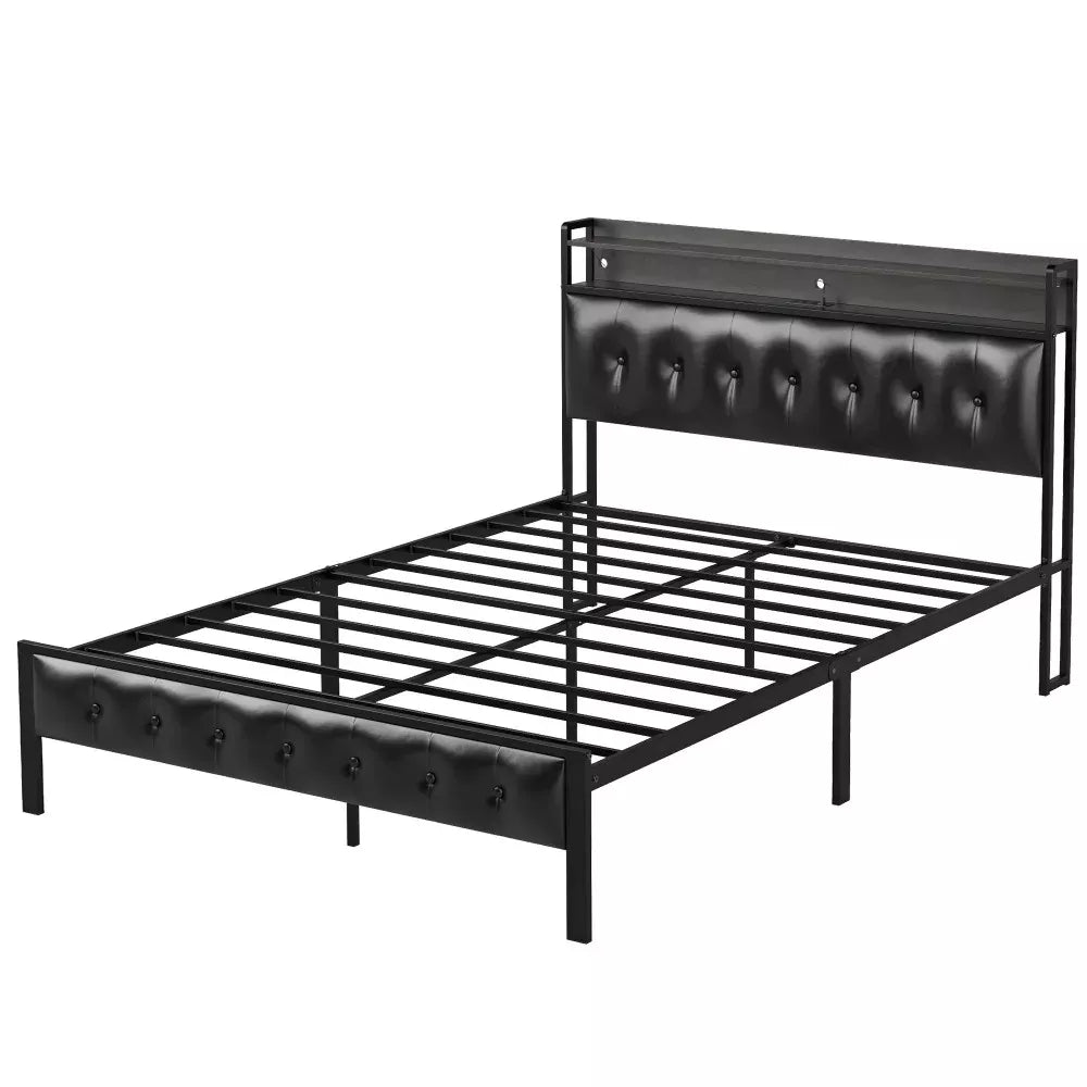 Queen Bed Frame with Storage Headboard, LED & Power Charging Station