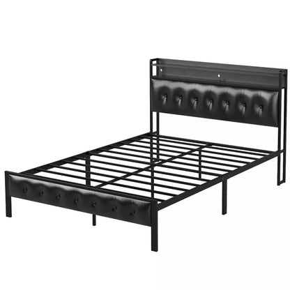 Queen Bed Frame with Storage Headboard, LED Lights, and Power Charging Station - DSARD
