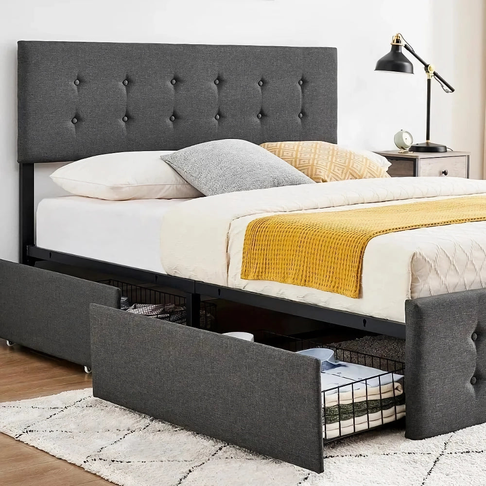 Full Size Upholstered Bed Frame with Storage Drawers & Adjustable Headboard - DSARD