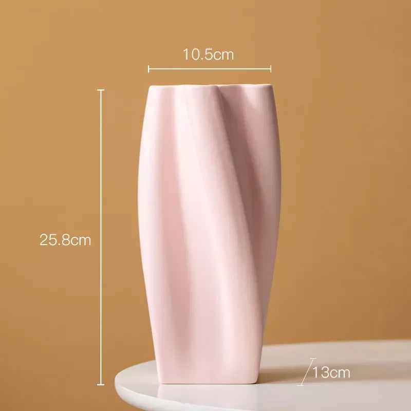 Ceramic Vase with Curved Lines – Green, Pink & Orange Tabletop Centerpiece - DSARD
