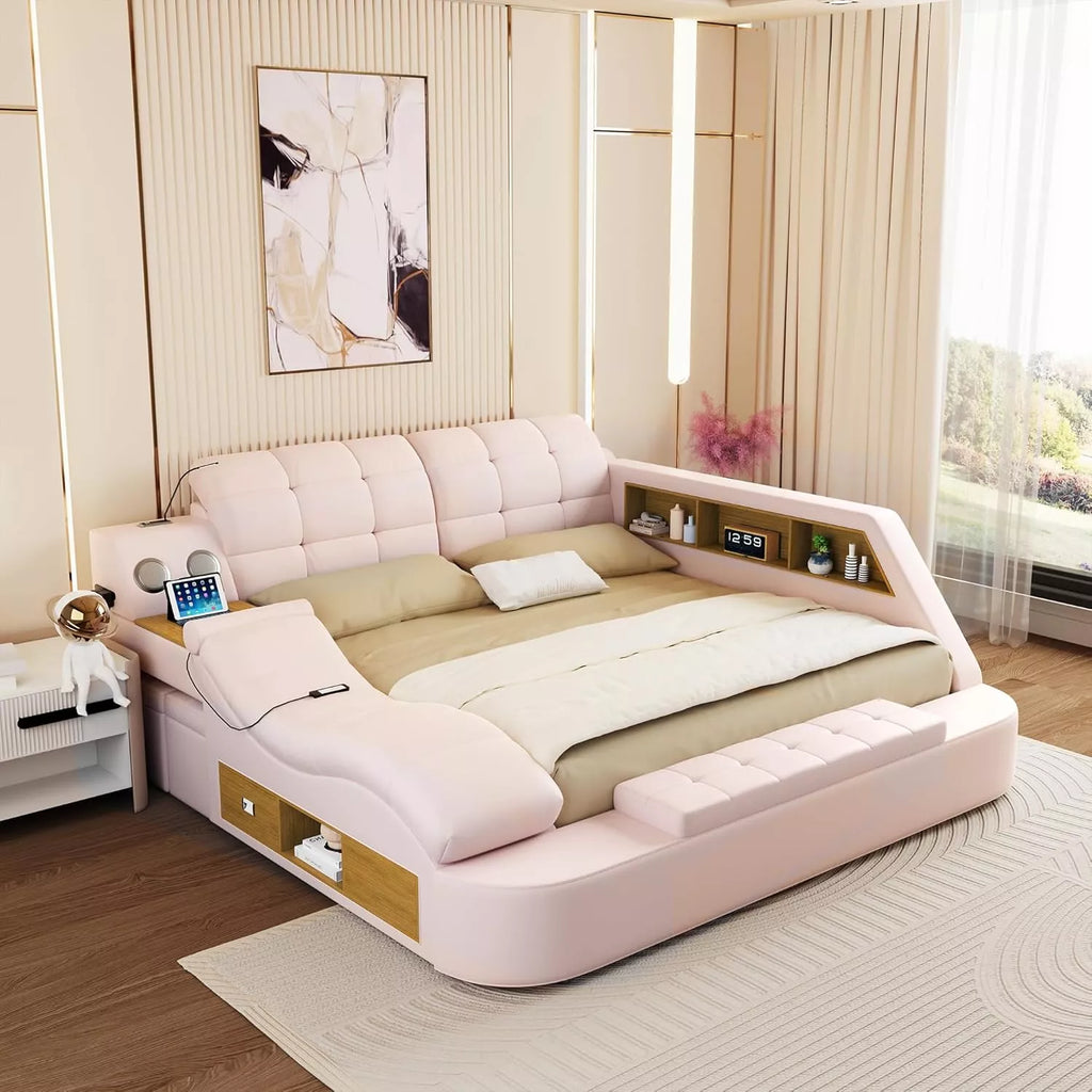 Luxury Smart King Bed Frame with Massage Recliner, USB, Storage & Speakers - DSARD