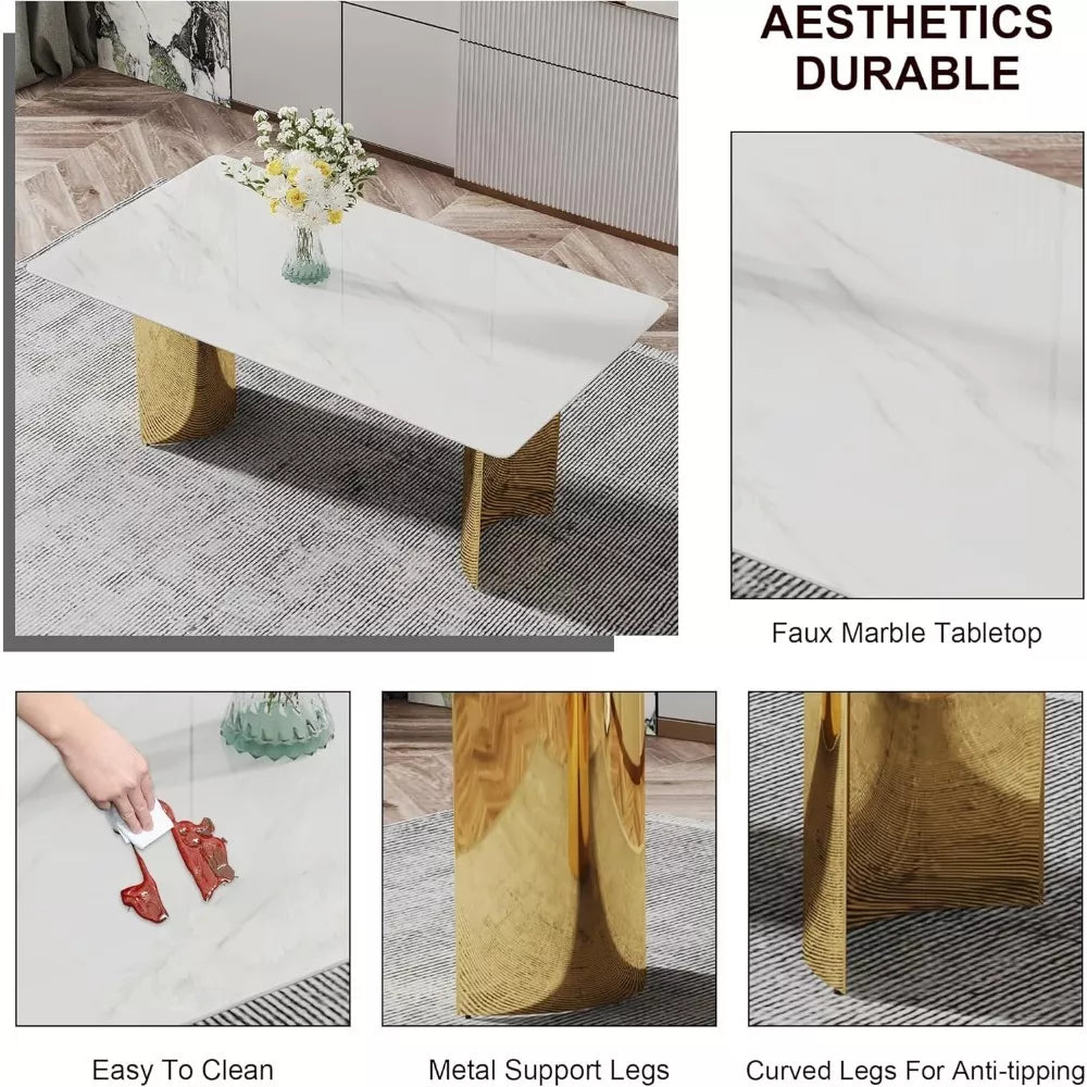 Modern 71” Dining Table Set for 8 with Marble Finish Glass Top & Gold Stainless Steel Base - DSARD