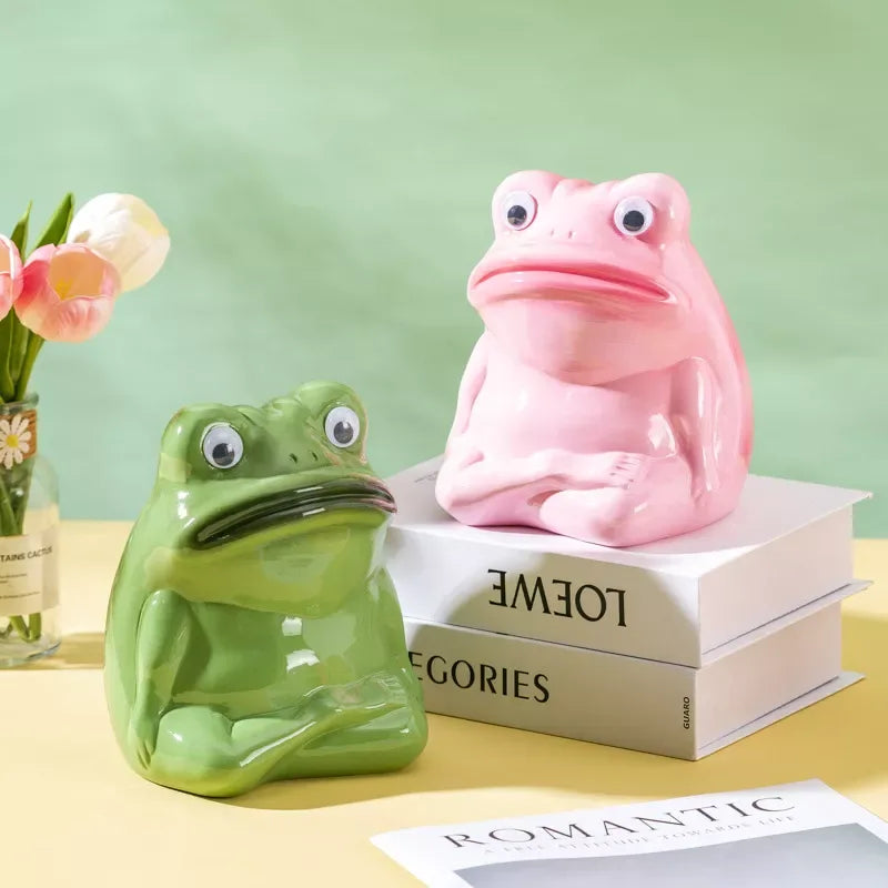 Adorable Ceramic Frog Piggy Bank – Big-Mouthed Cartoon Frog Figurine - DSARD