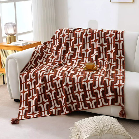 Orange Red Knitted Geometric Throw Blanket for Sofa & Bed – Modern Decorative, Soft & Warm