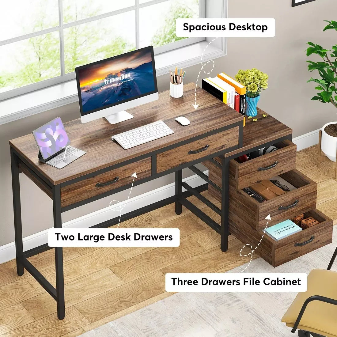 59-Inch Reversible Computer Desk with 3 Drawers - DSARD - DSARD