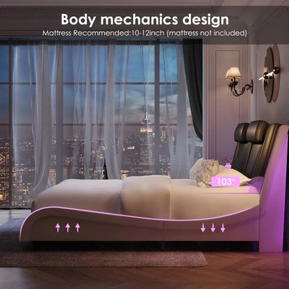 Queen Size LED Bed Frame with PU Leather Upholstered Platform and Adjustable Headboard - DSARD
