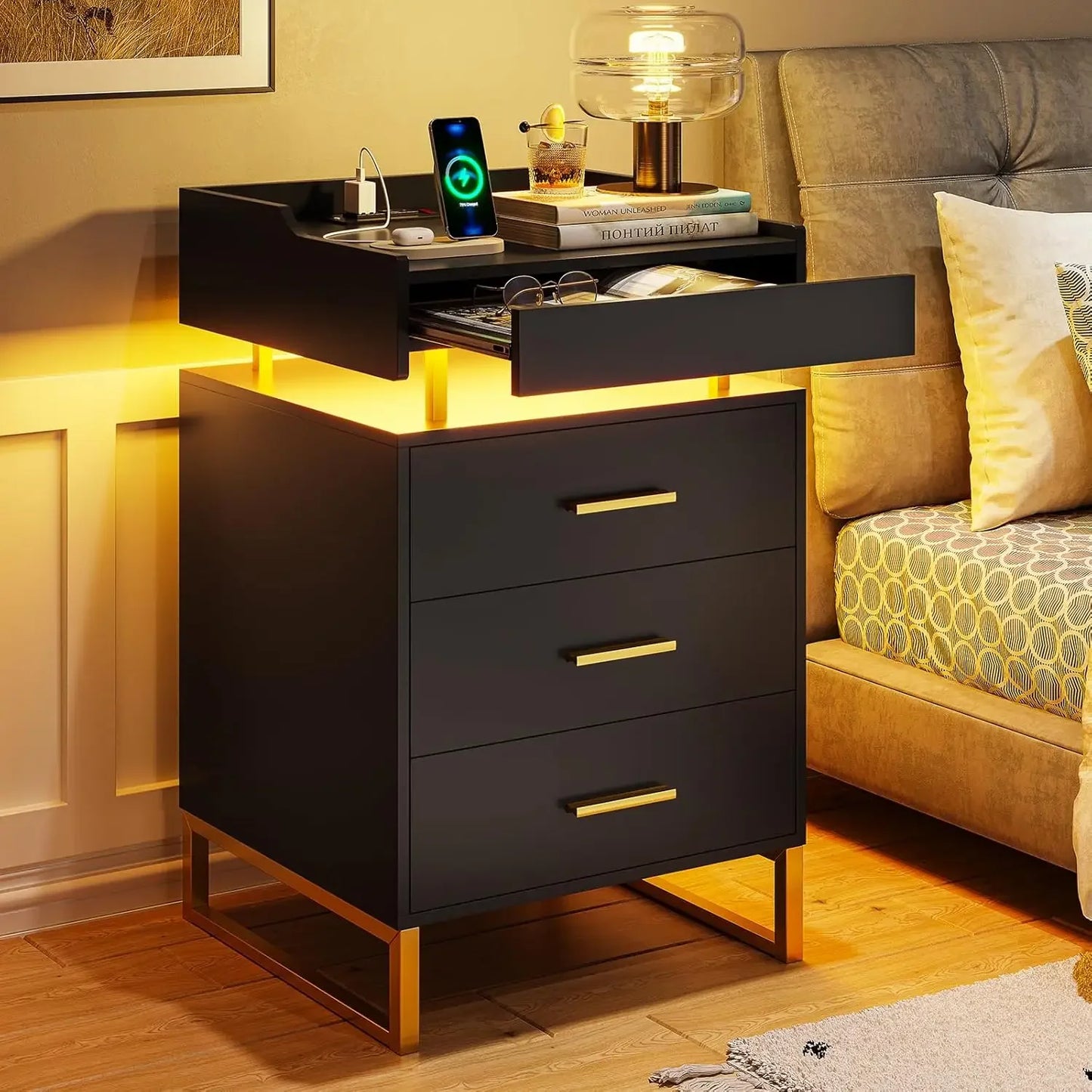 Set of 2 LED Premium Nightstands with 3 Drawers, Pull-Out Tray & Charging Station