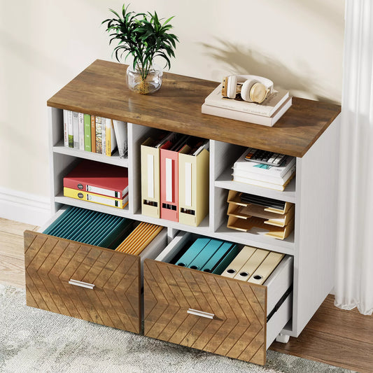 2-Drawer Wood Lateral File Cabinet with Shelves and Rolling Wheels
