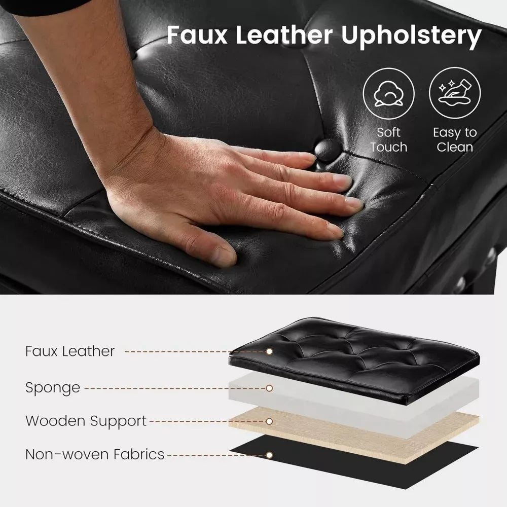 Mid-Century Modern PU Leather Vanity Stool Set – Tufted Ottoman with Nailhead Trim - DSARD