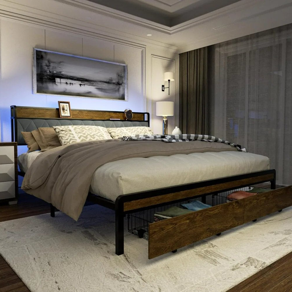 King Size Platform Bed Frame with Drawers, LED Lights & Charging Station - DSARD