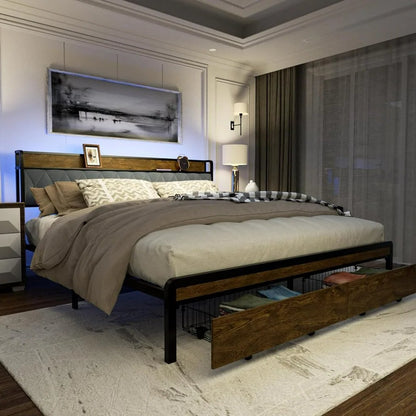 King Size Platform Bed Frame with Drawers, LED Lights & Charging Station - DSARD