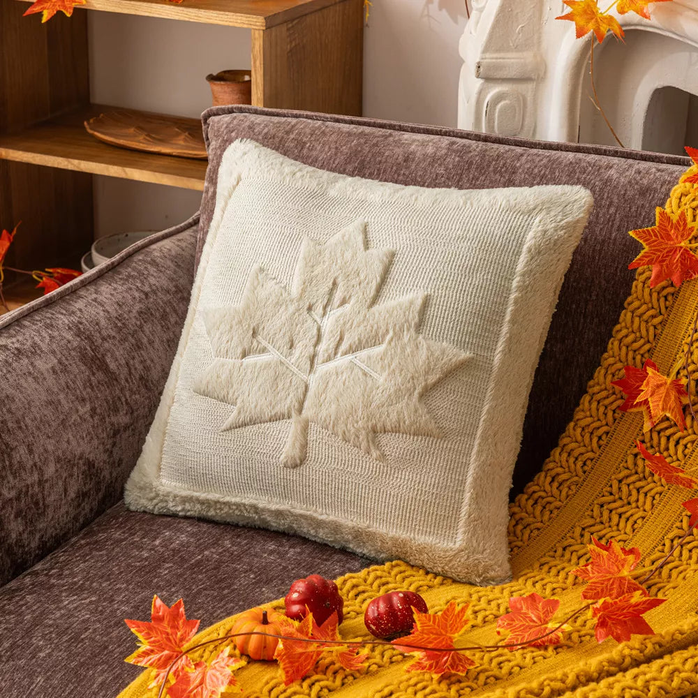 Plush Pumpkin Leaf Cushion Cover – Autumn Faux Fur Pillow Case 18×18 Inc
