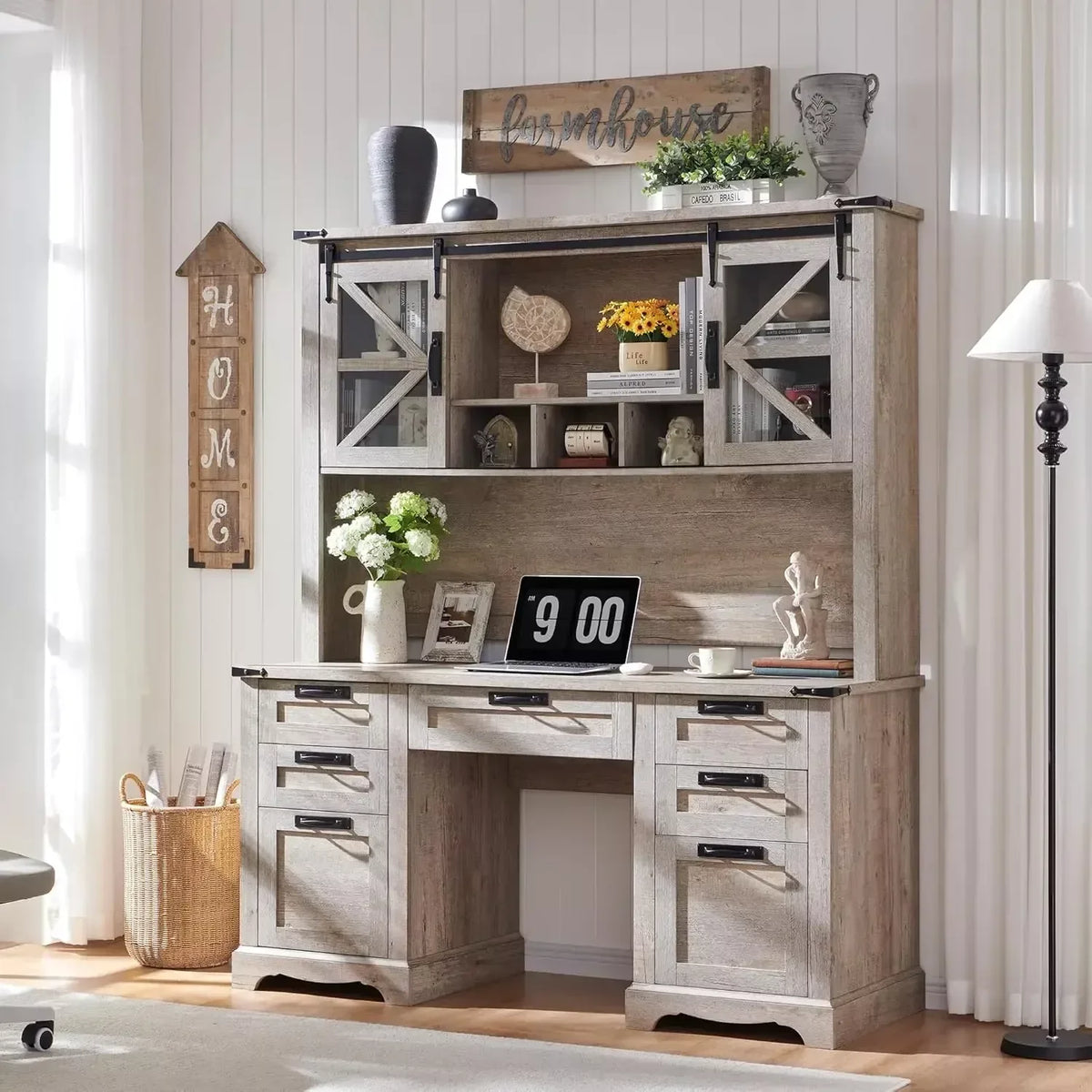 60″ Rustic Farmhouse Executive Desk with Hutch and Charging Station - DSARD - DSARD