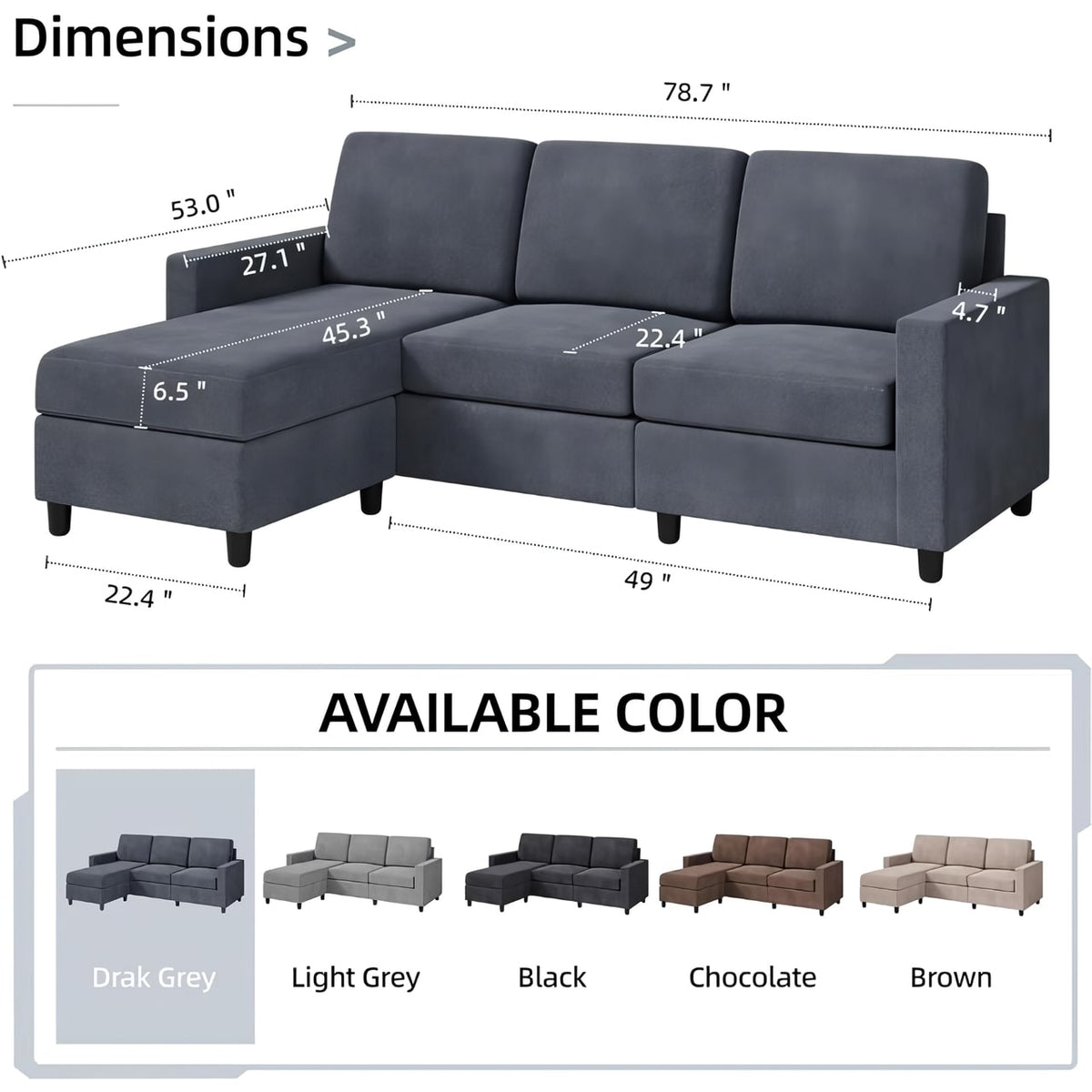Modern L-Shaped Convertible Sectional Sofa Couch - DSARD