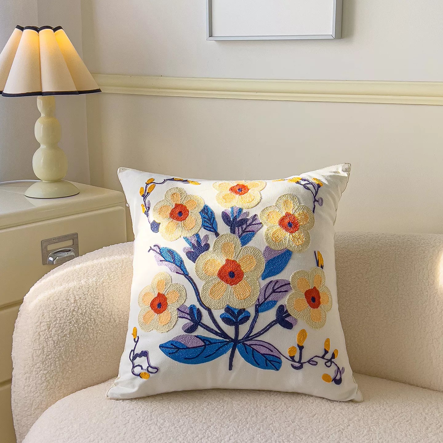 Floral Embroidered Cotton Pillow Cover 18×18 Inch – Cozy Decorative Cushion Case