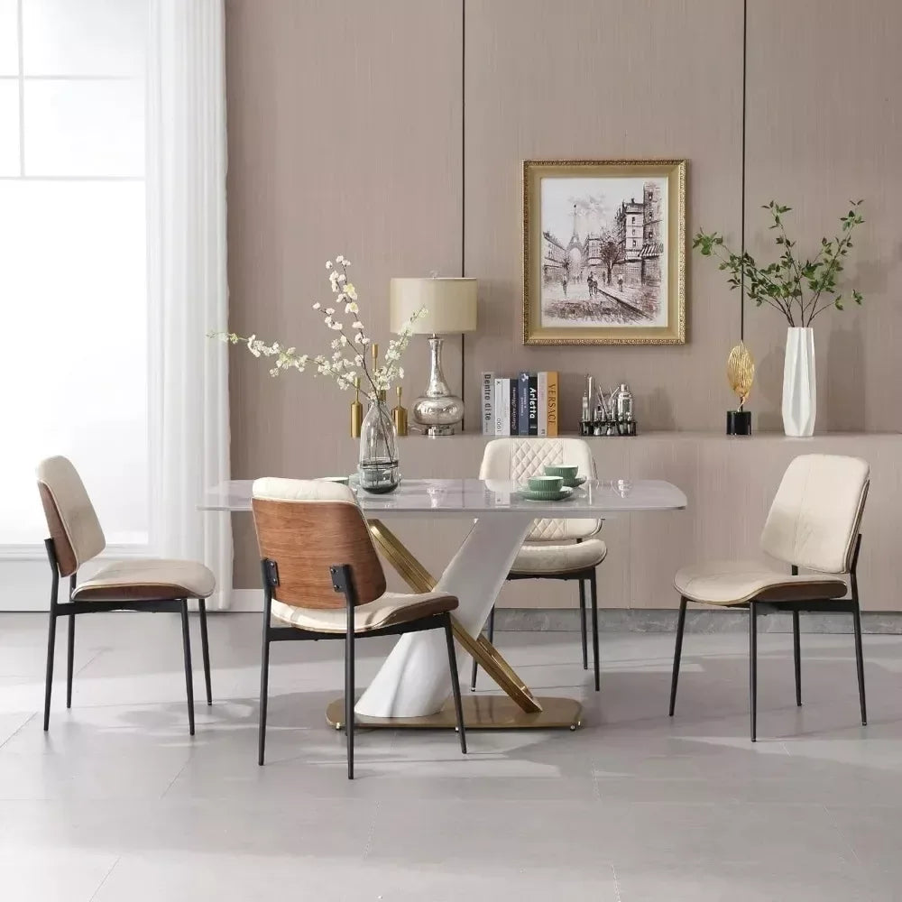 Dining Chairs Set of 6, PU Leather Armless Kitchen Chairs, Modern Walnut Style with Metal Legs - DSARD - DSARD
