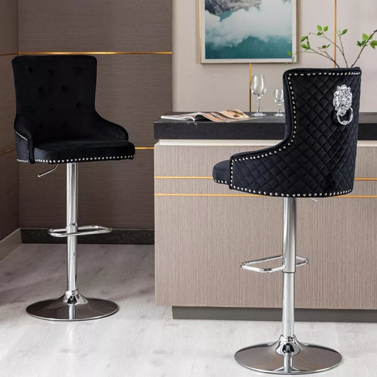 Velvet Swivel Bar Stools Set of 4 – Elegant Counter Height Chairs with Tufted High-Back & Lion Head Ring - DSARD