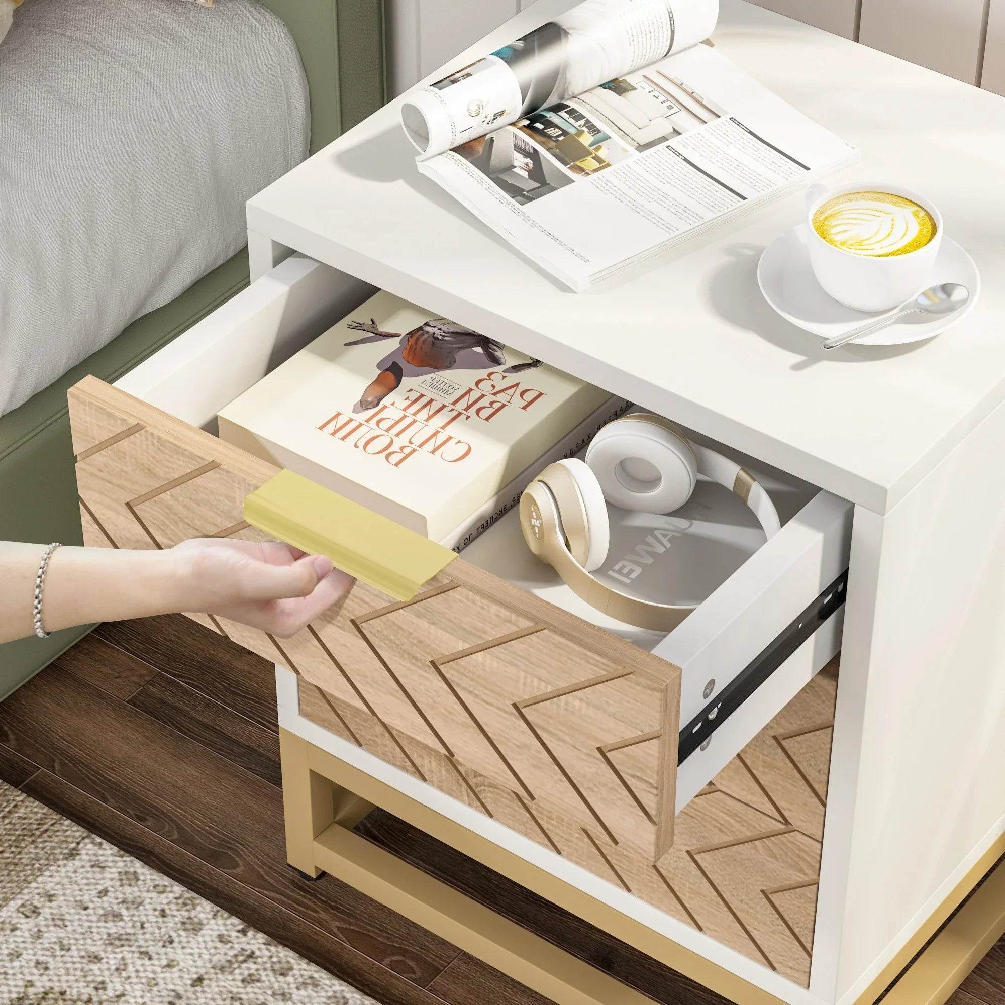 3 Drawers Nightstand Set of 2, Modern Bedside Table with Unique Chevron Design | DSARD - DSARD