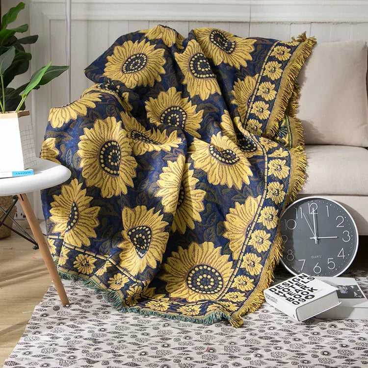Blue Sunflower Cotton Throw Blanket – Rustic, Cozy, and Dustproof Cover