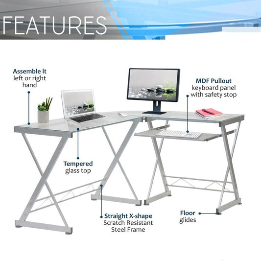 Modern L-Shaped Tempered Glass Computer Desk with Steel Frame and Pull-Out Keyboard Tray - DSARD