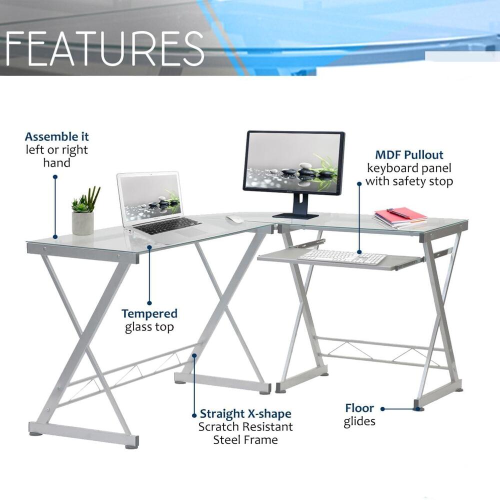 Modern L-Shaped Tempered Glass Computer Desk with Steel Frame and Pull-Out Keyboard Tray - DSARD