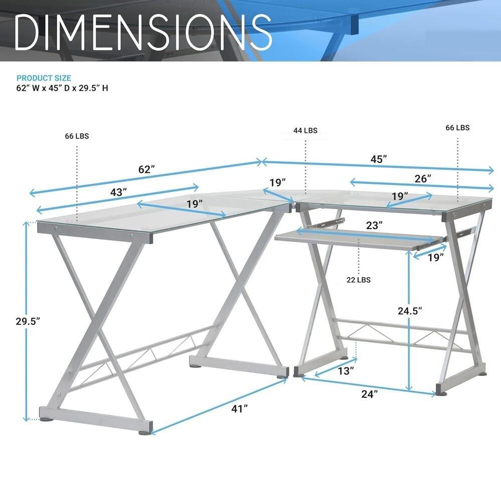 Modern L-Shaped Tempered Glass Computer Desk with Steel Frame and Pull-Out Keyboard Tray - DSARD