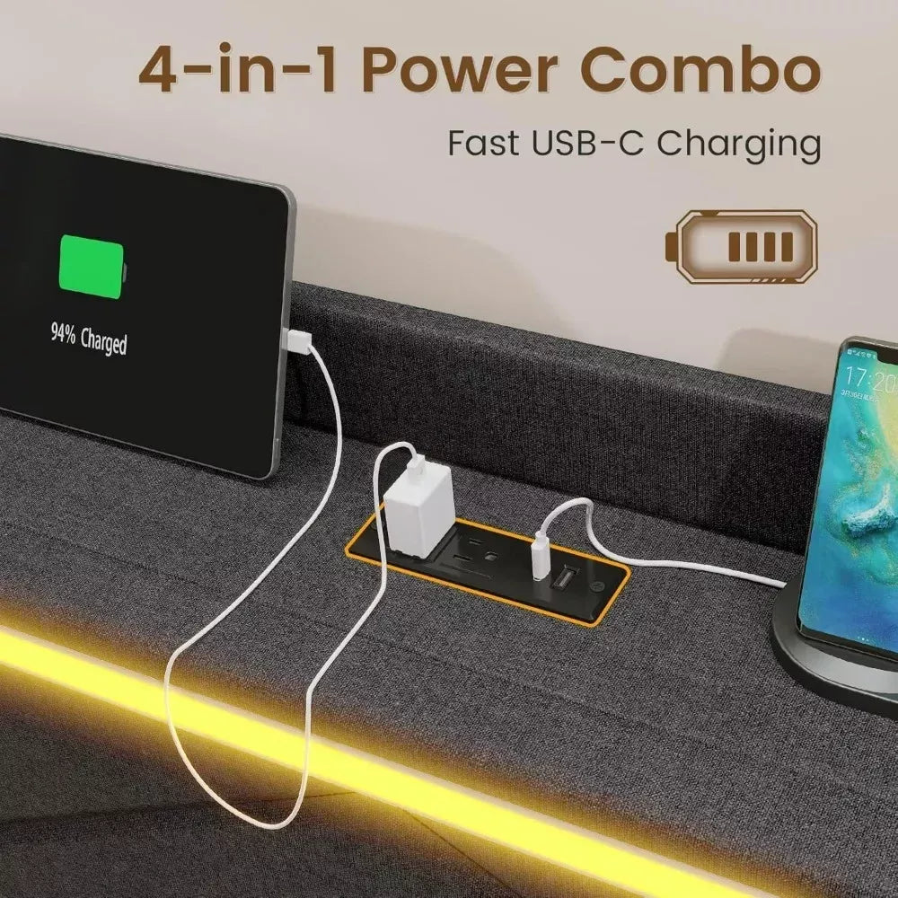 Queen Bed Frame with RGB LED Lights, USB Charging, and Storage Drawers - DSARD