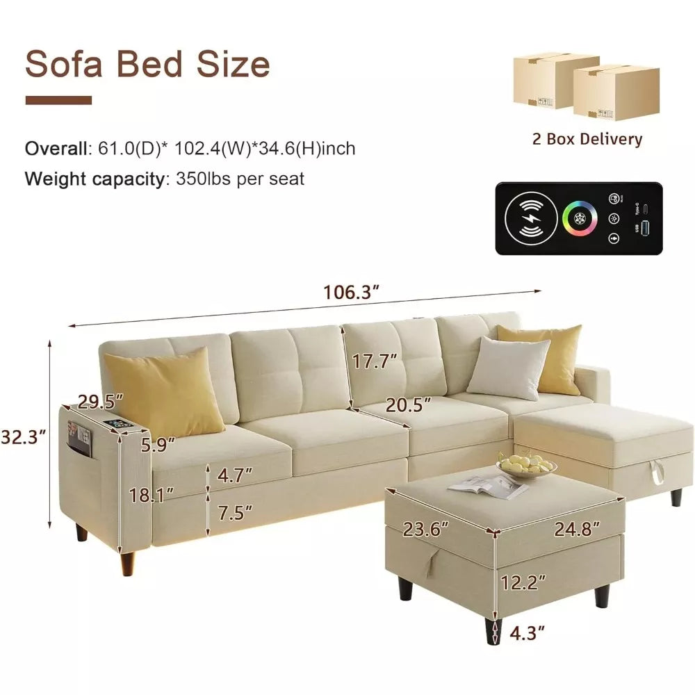 Oversized U-Shaped Sectional Couch with RGB LED Lights & Charging Station - DSARD