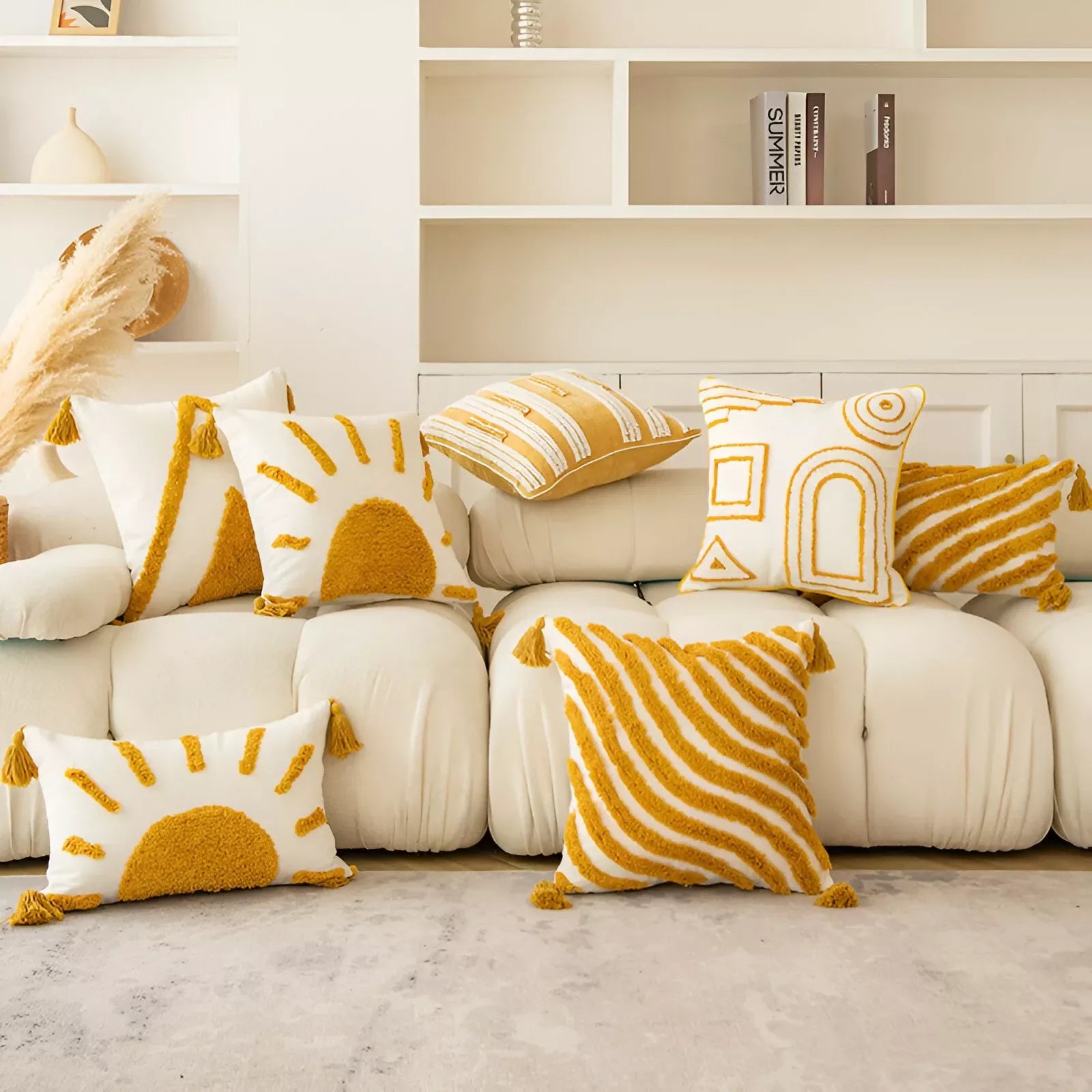Boho Golden Sun Velvet Throw Pillow Cover with Fringe – 12×20/18×18 Inch - DSARD