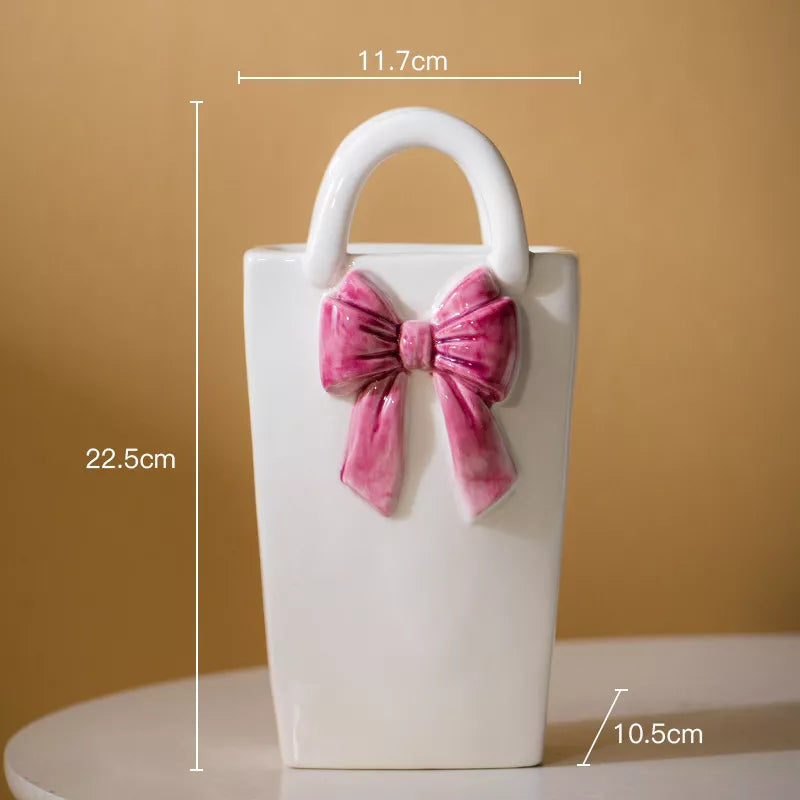Pink Ceramic Vase with Bowknot for Flowers and Home Decor