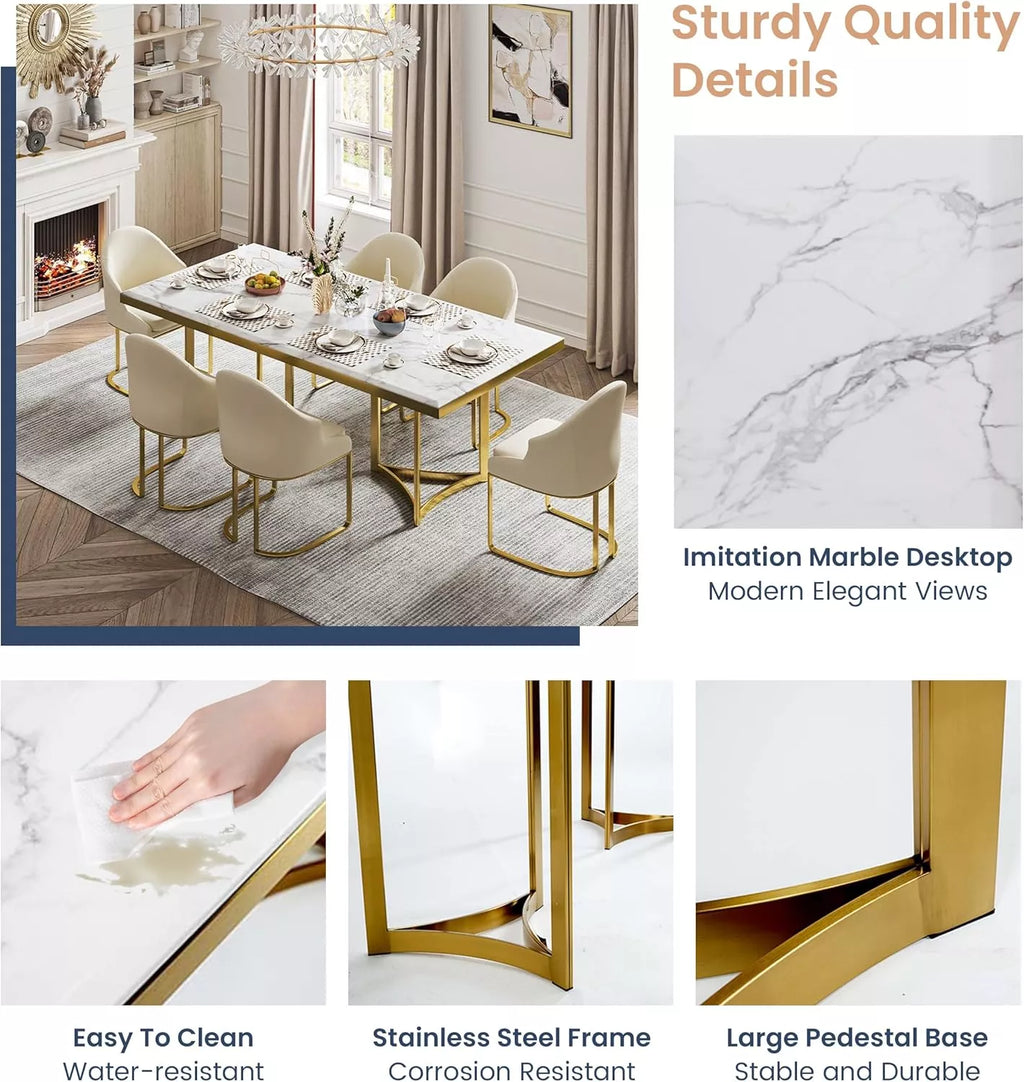 Luxury White Marble Dining Table for 6 with Gold Legs – 71″ Modern Design - DSARD