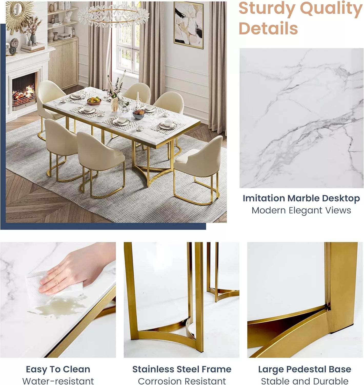 Luxury White Marble Dining Table for 6 with Gold Legs – 71″ Modern Design - DSARD