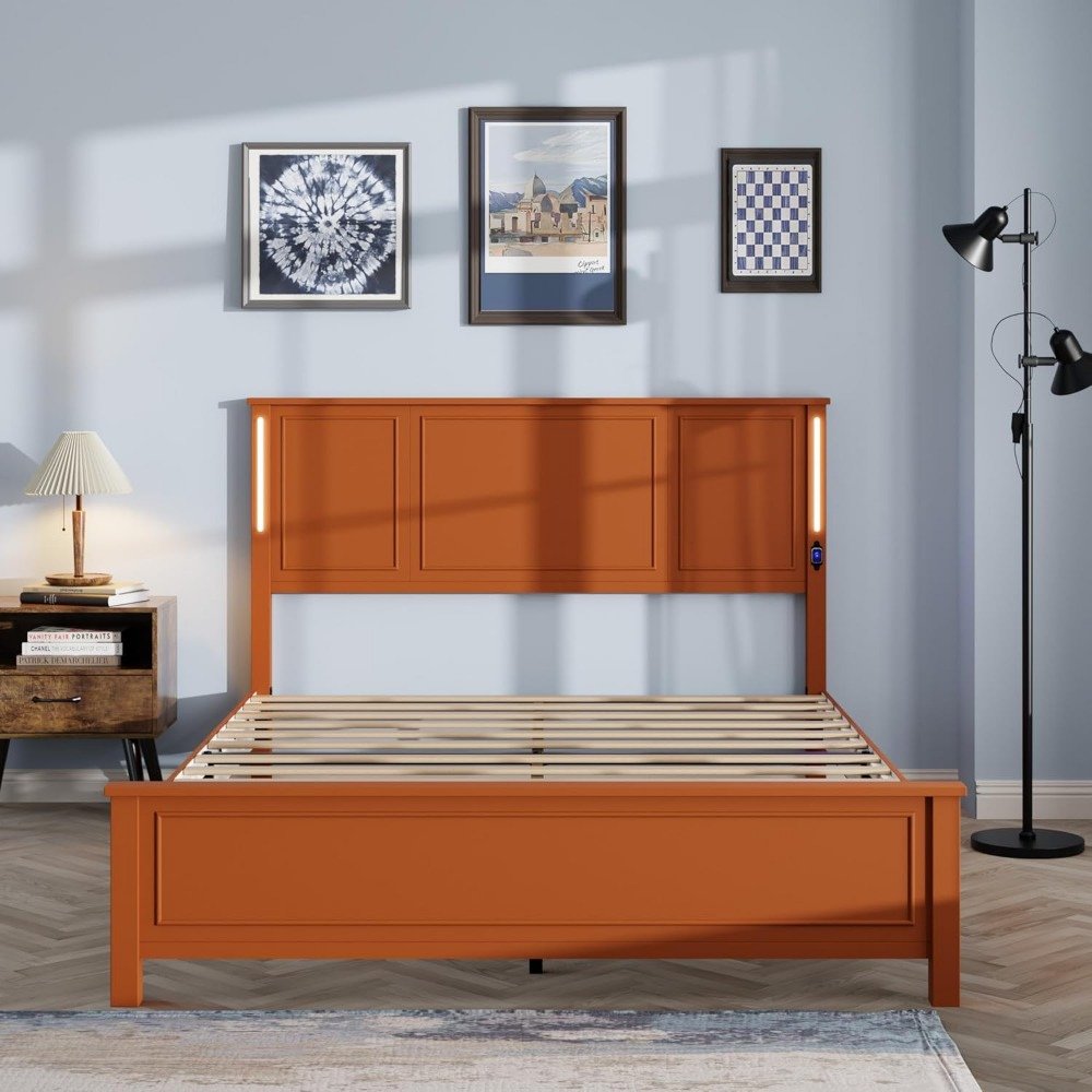 Queen Size Wooden Bed Frame with Headboard, Rustic Platform Bed with LED Lights & Charging Station - DSARD
