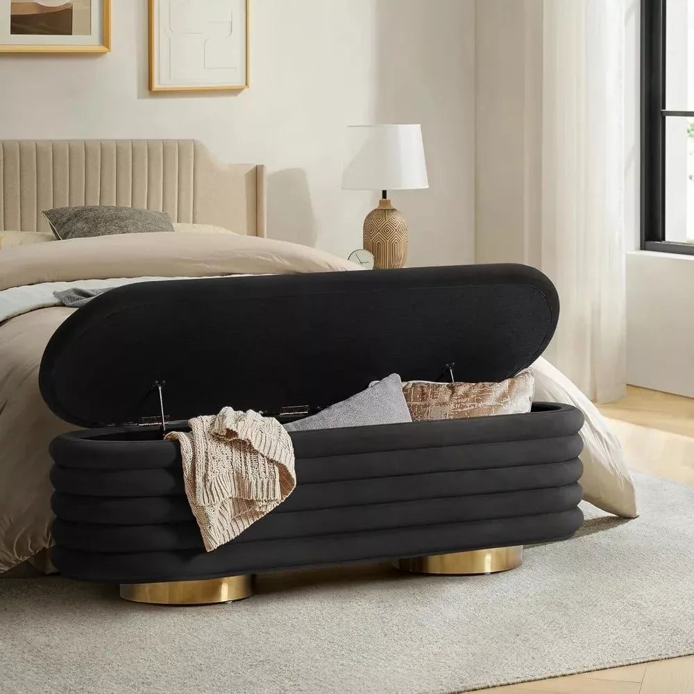 Large Velvet Storage Ottoman Bench with Tufted Design and Gold Legs - DSARD