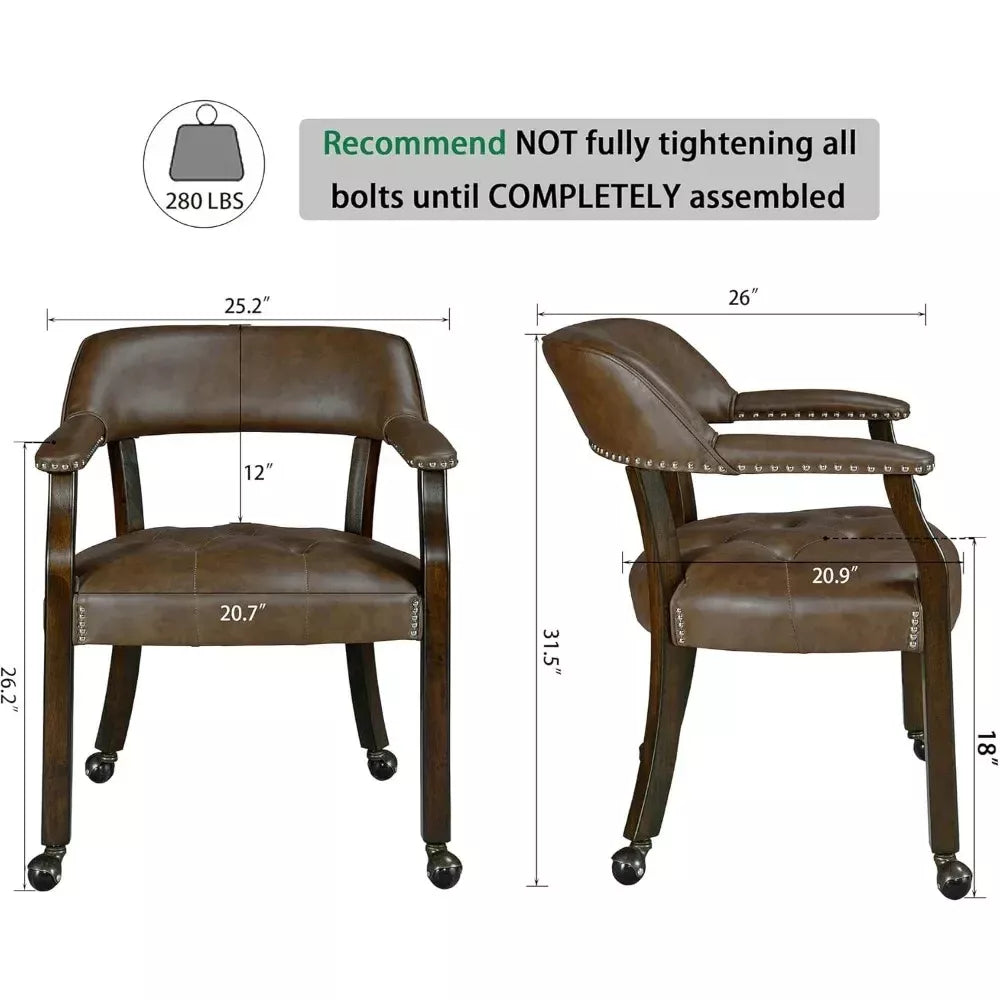 Set of 2 Mid-Century Leather Dining Chairs with Wheels and Arms - DSARD