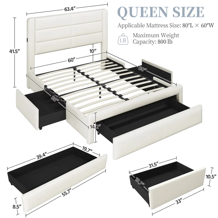 Modern Upholstered Platform Bed with Storage Drawers & USB Charging Ports — Full, Queen & King