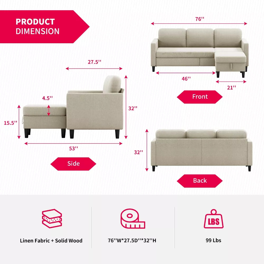 Modular L-Shaped Sectional Sofa with Storage Ottoman – Perfect for Small Spaces - DSARD
