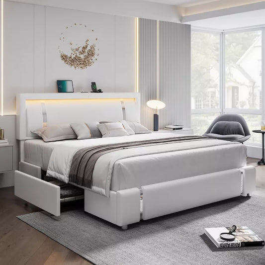 LED Smart Platform Bed with Upholstered Headboard and Storage Drawers - DSARD