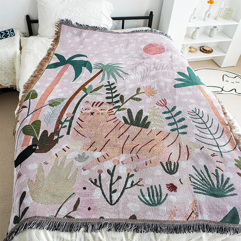Pink Glasses Tiger Throw Blanket – Nordic Style Cartoon Home Decor & Picnic Mat 125x150cm