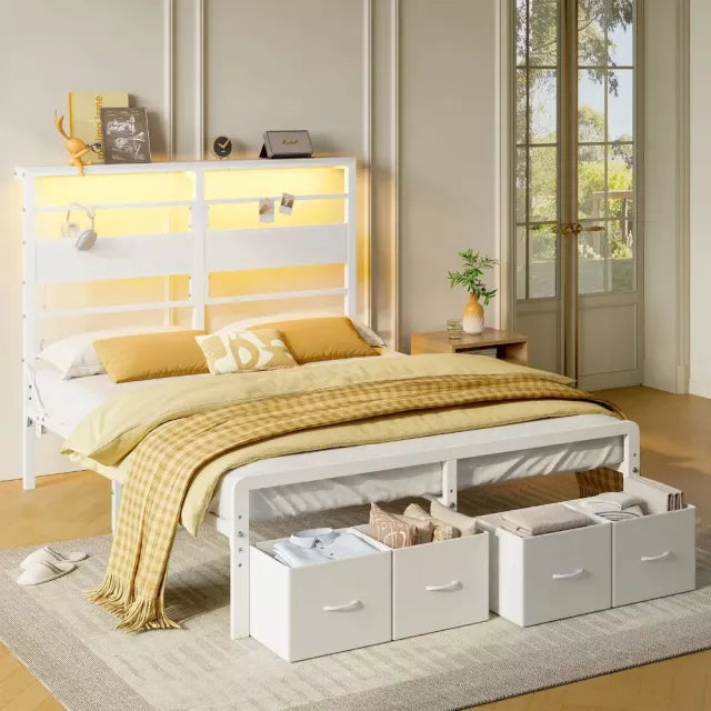 Queen Metal Bed Frame with LED Storage Headboard, Drawers & Charging