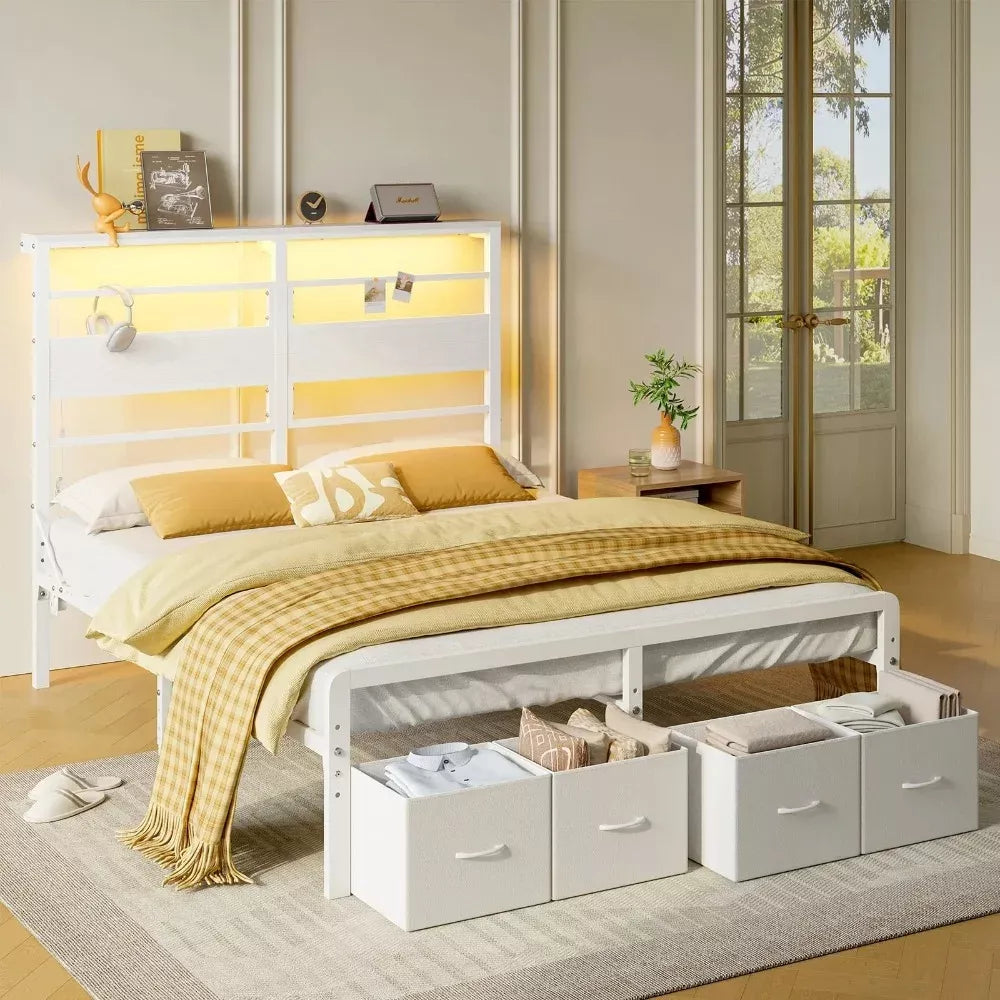 Queen Metal Bed Frame with LED Storage Headboard, Drawers & Charging