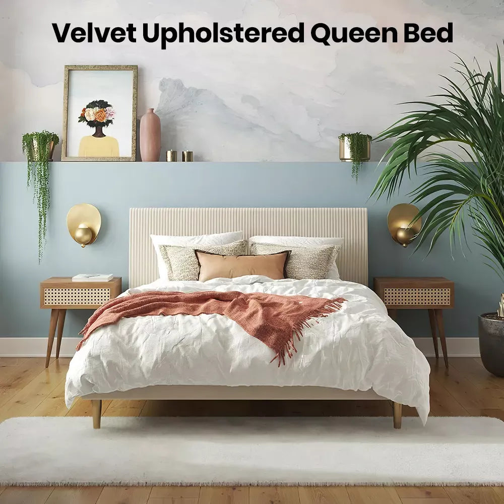 Ivory Velvet Queen Bed with Platform & Upholstered Headboard