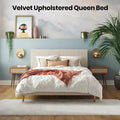 Ivory Velvet Queen Bed with Platform & Upholstered Headboard