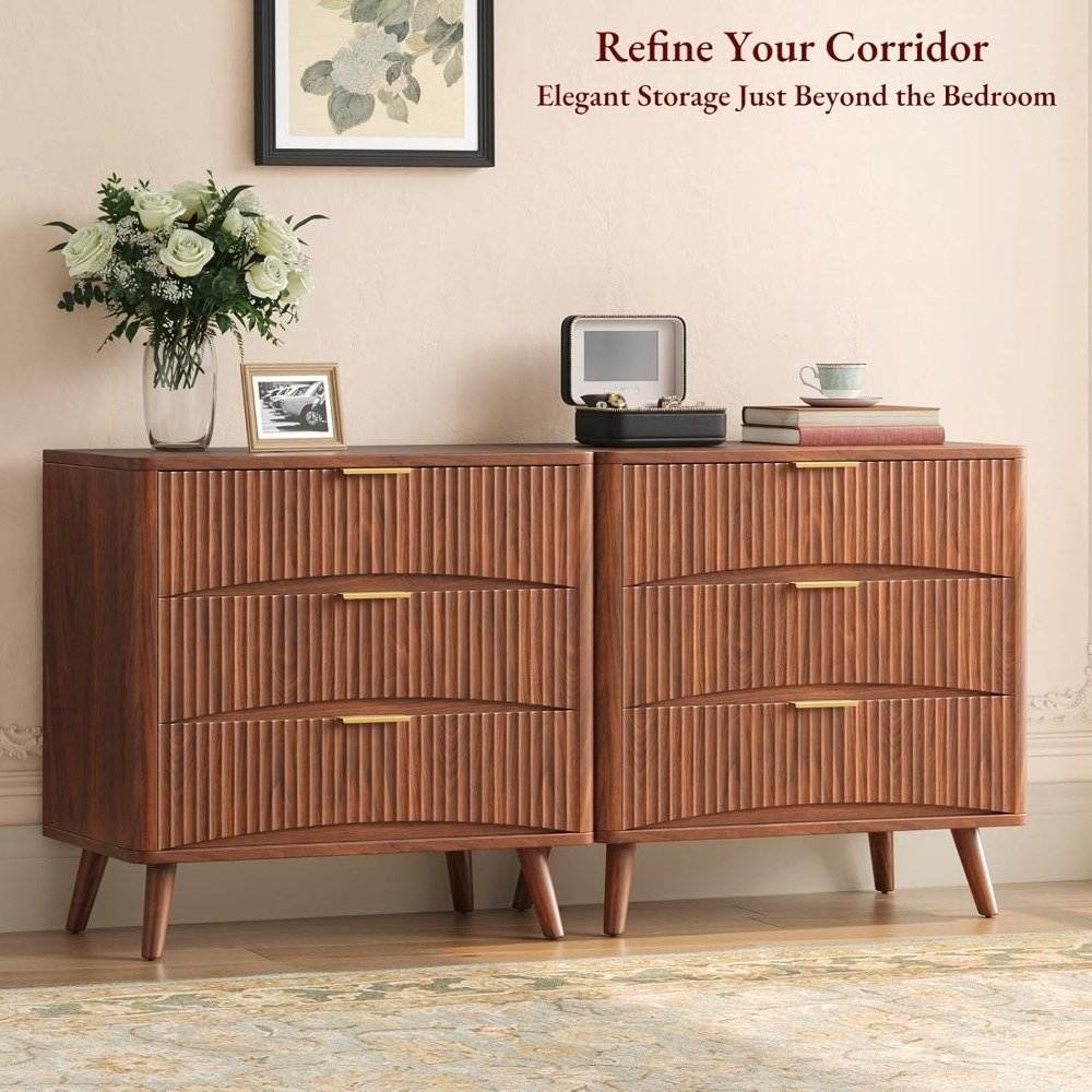 Mid Century Modern Large Fluted Premium Nightstands Set of 2 with 3 Drawers