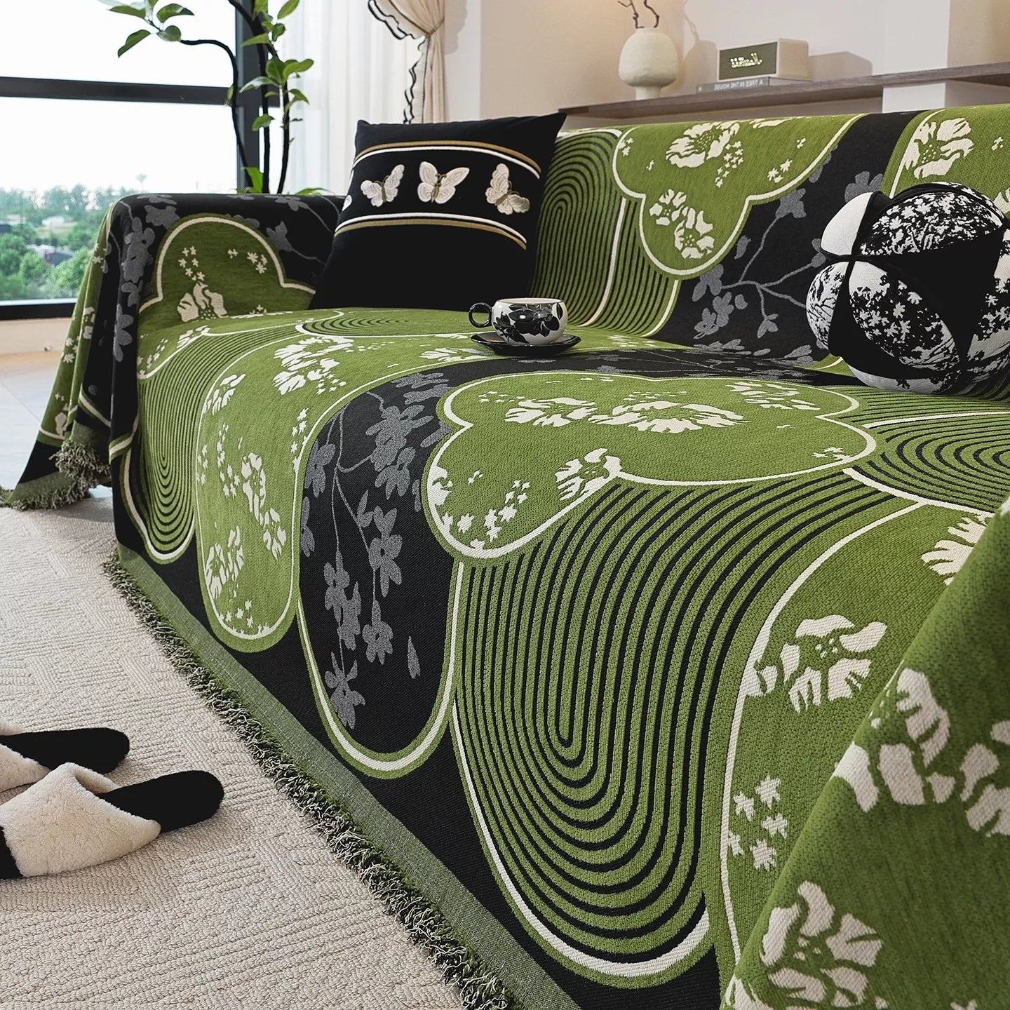 Floral Jacquard Chenille Sofa Cover with Tassels