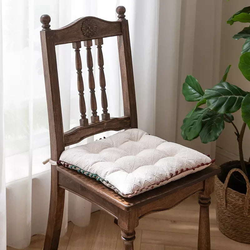 Bohemian Square Pompom Chair Cushion with Ties – Soft Decorative Floor Pillow - DSARD